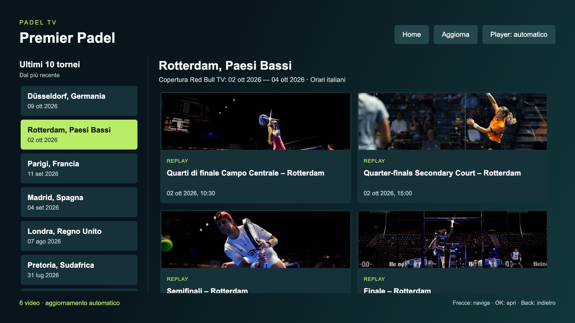 Replay reali del torneo precedente nel catalogo Padel TV