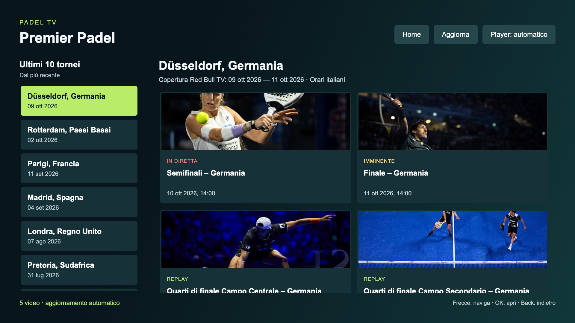 Catalogo reale Red Bull TV con tornei, miniature e sessioni disponibili