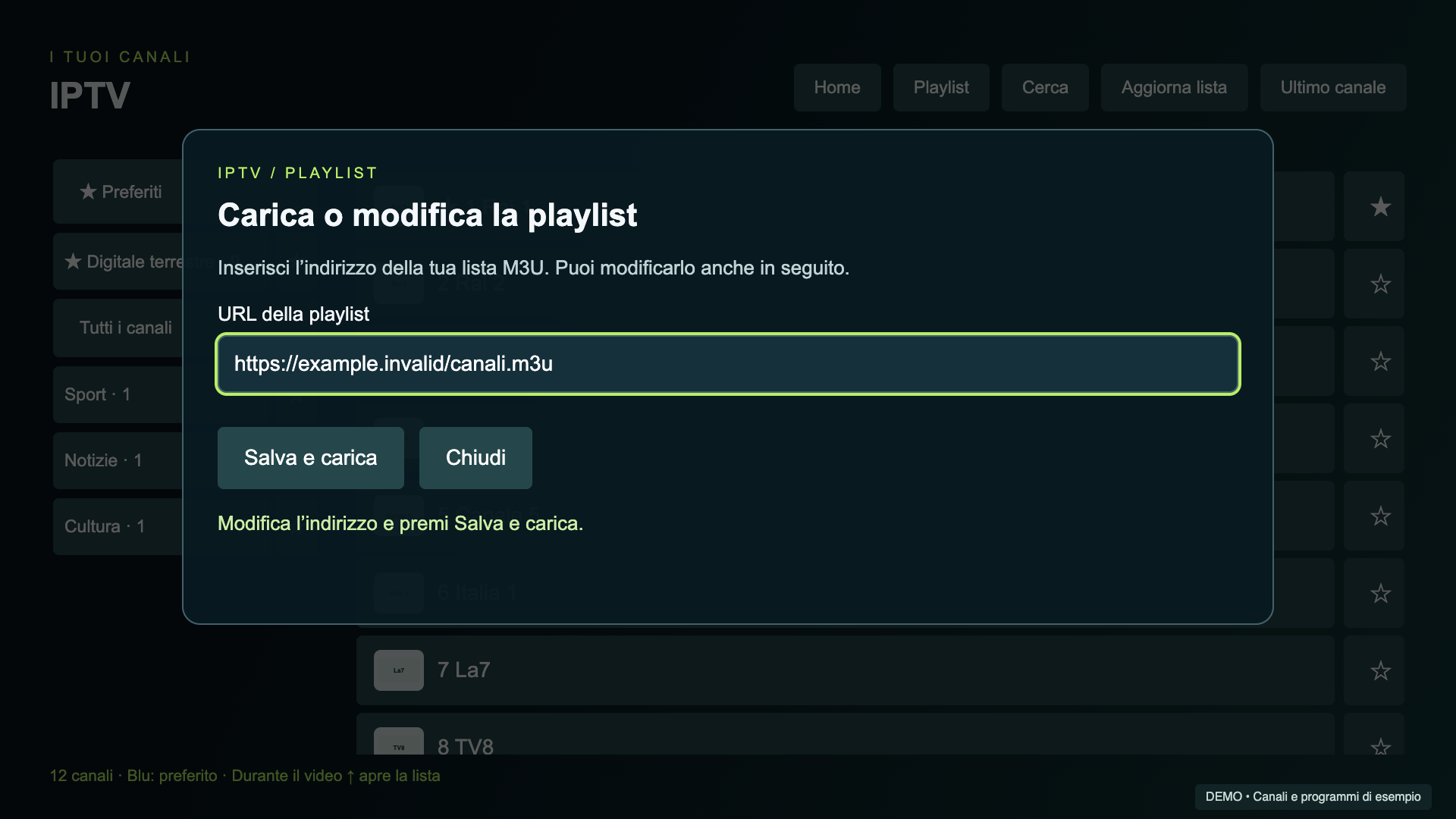 Pannello TV per inserire o modificare URL M3U con indirizzo dimostrativo