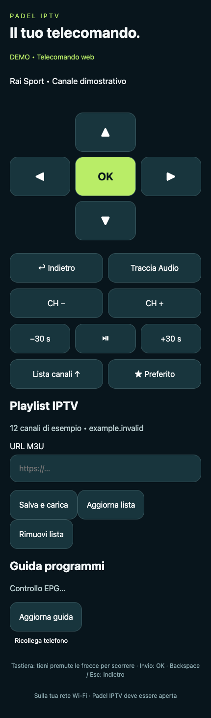 Telecomando web con frecce, lingua audio e gestione playlist
