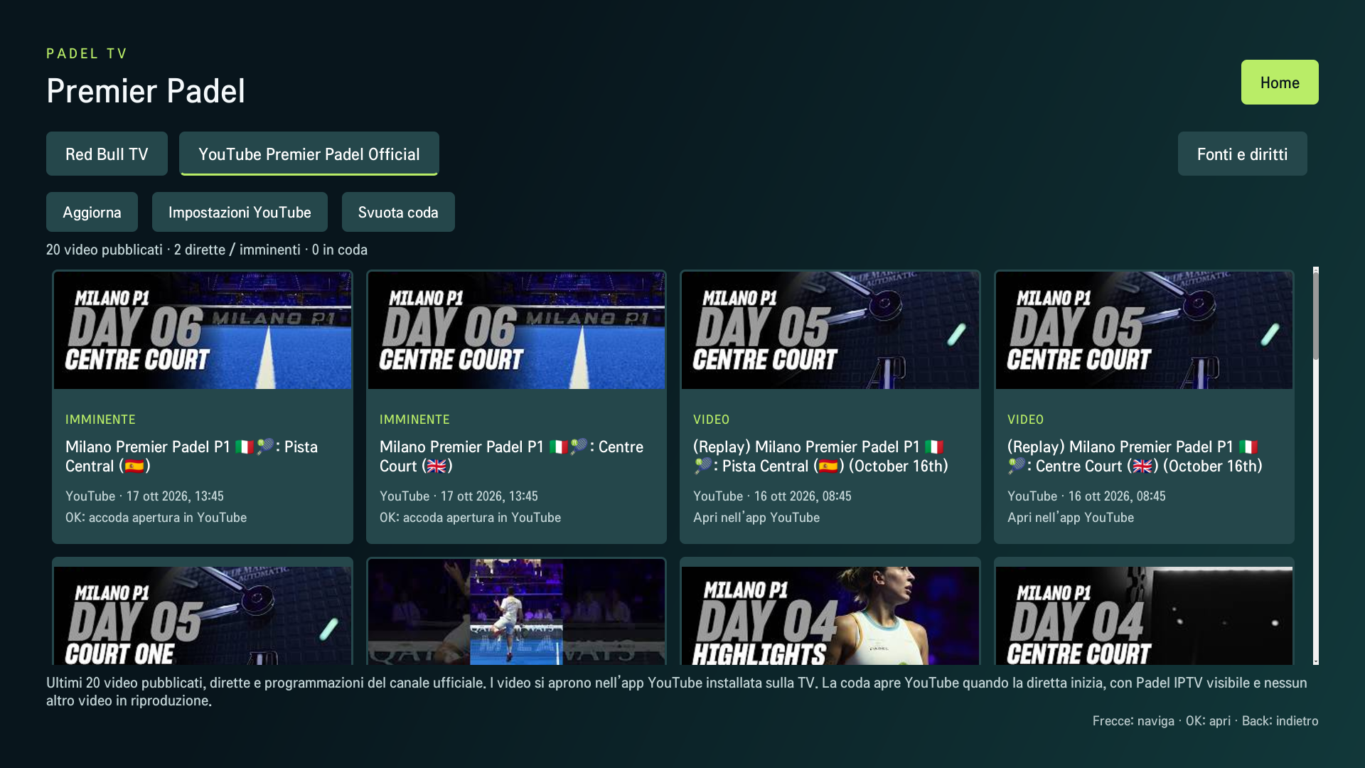 Catalogo ufficiale YouTube Premier Padel con replay e dirette imminenti